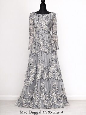 Mac Duggal Silver and Gray Floral Sequin Long Sleeve Evening Gown